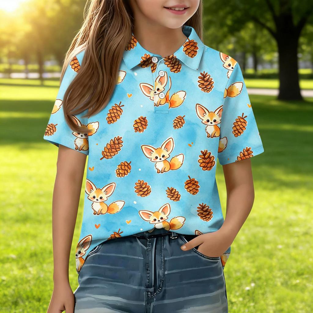 Kids Short Sleeve Polo Shirt Animal Print Casual Tee Button Down Collar Lightweight Summer Top for Boys Girls