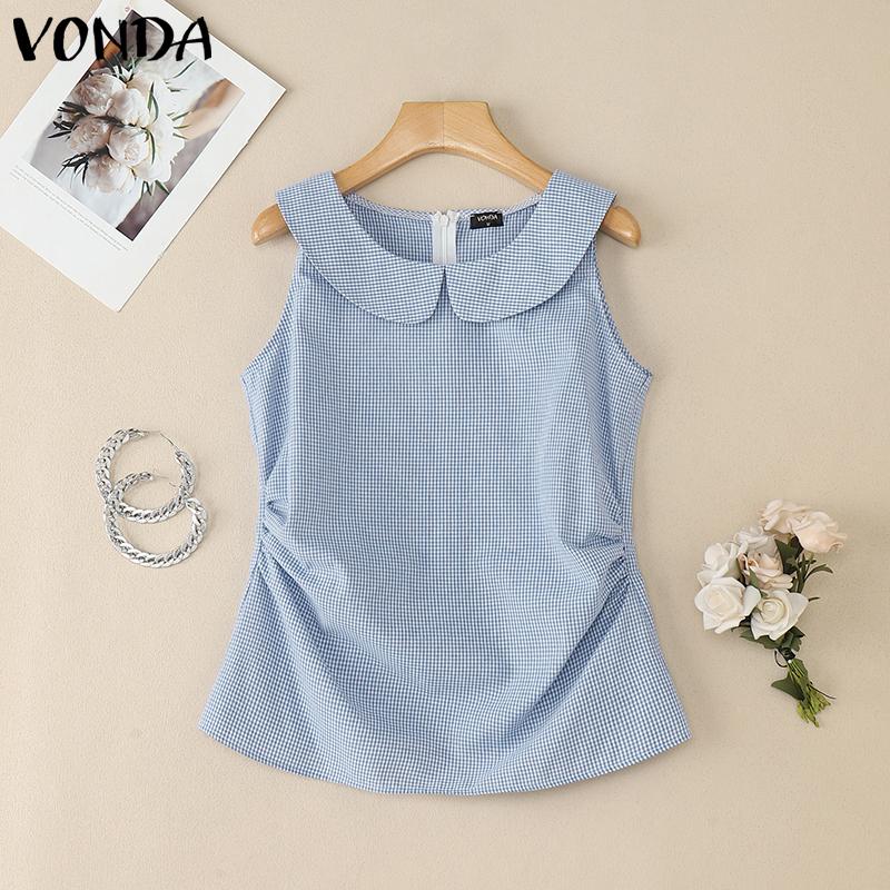 

VONDA Women Casual Lapel Neck Sleeveless Plaid Check Print Tank Tops M синий
