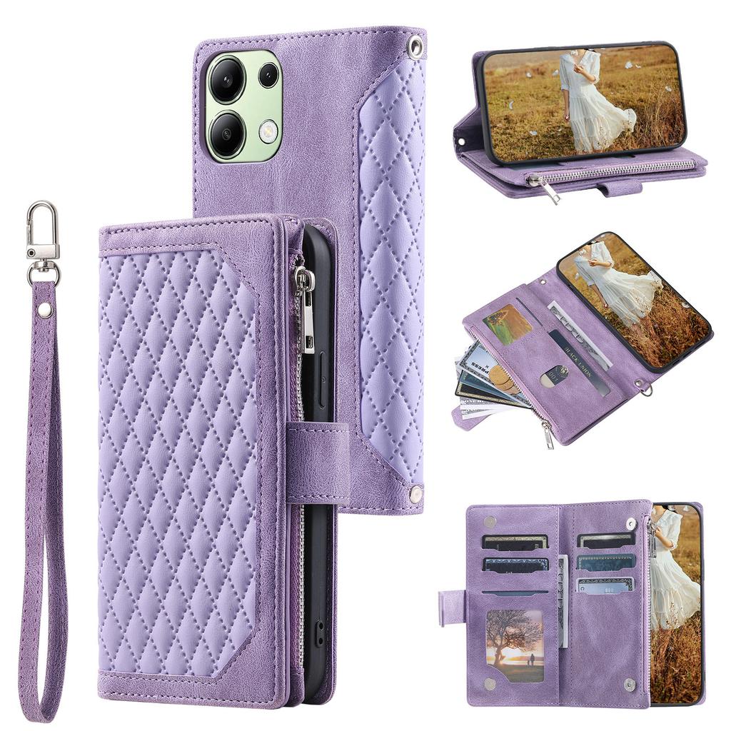 For Xiaomi Redmi 15C 4G (173mm) Wallet Case Rhombus Stitching Line PU Leather Phone Cover with Wrist Strap