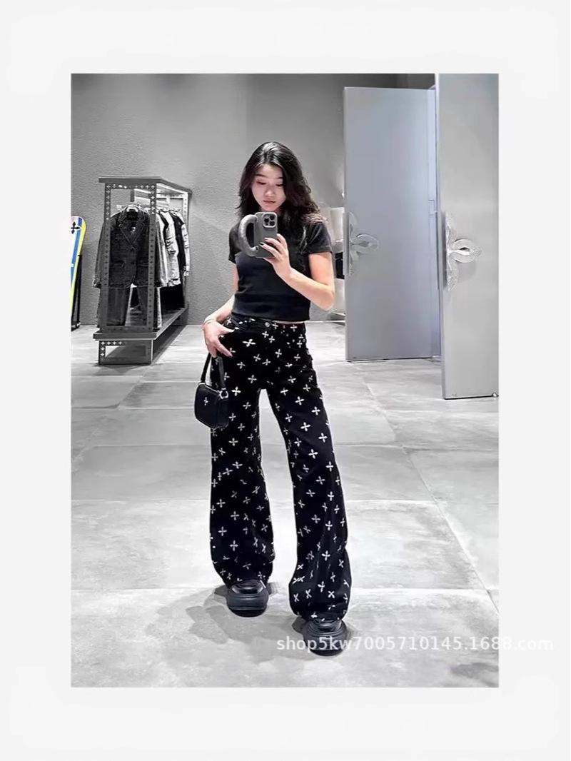 SK Black Garden Classic Wide-Leg Jeans: Retro Full-Print Pure Cotton Casual Pants, Spring Collection Large