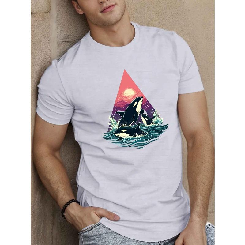 Мужская летняя футболка европейских размеров с изображением трех косаток и луны. S