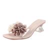 Fashion Flip-flops for Women Summer Wear Flower Clear Crystal Block Heel High Heels Square Toe Fairy Open Toe Sandals and Slippers