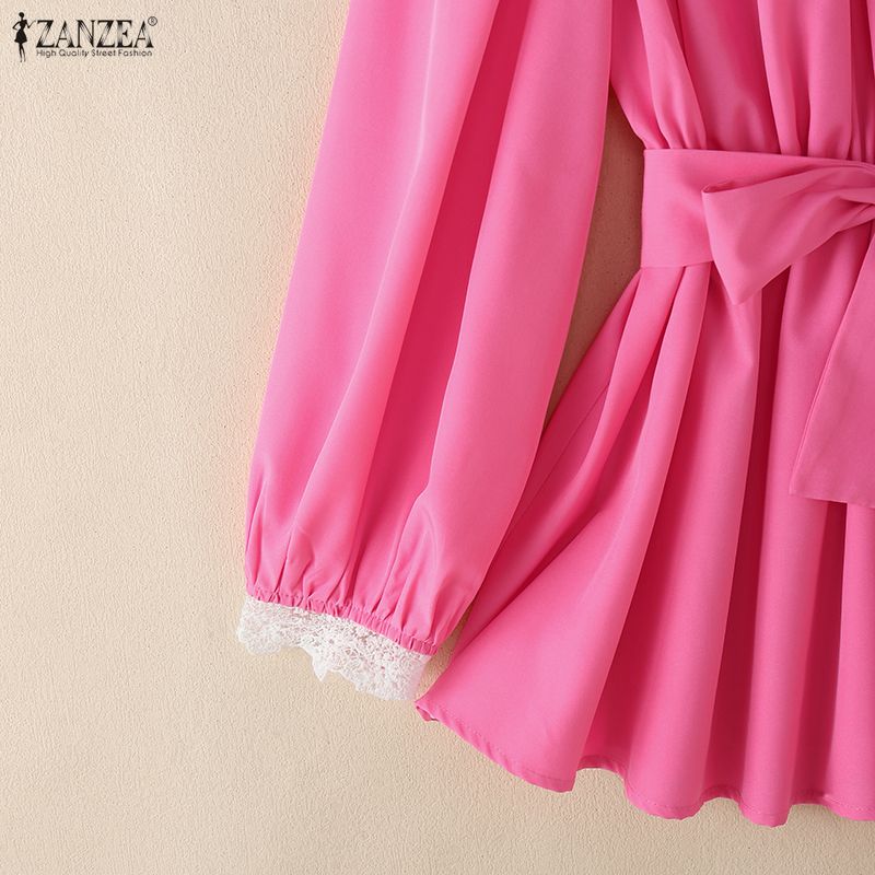 ZANZEA Women Lace Splice Stand Collar Casual Long Sleeve Blouse