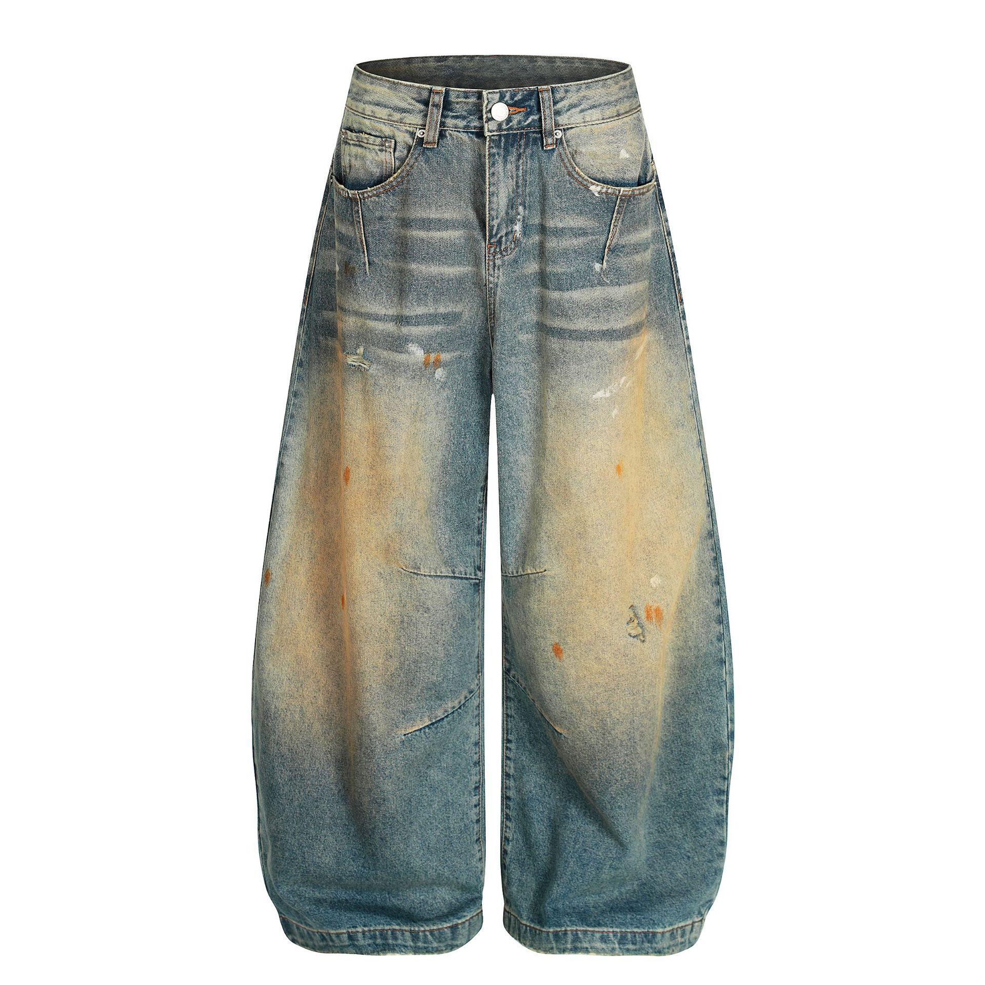 Men s clothing American high street RO wind yellow mud dyed washed jeans scimitar wide-leg pants men S