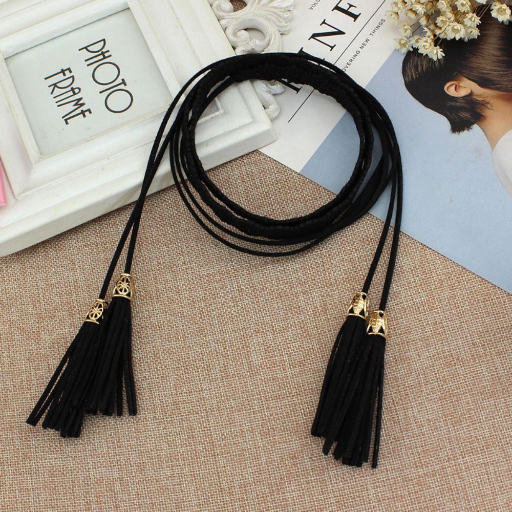 Ethnic Style Braided Tassel Belt Solid Color Women Waist Chain Fashion Hollow Belt