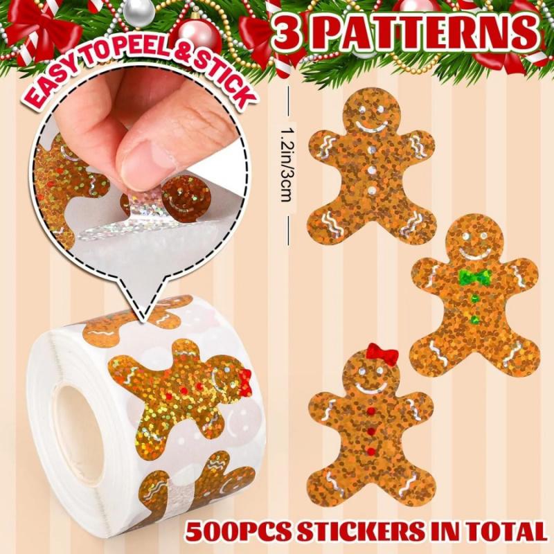 50 Stück Weihnachten Lebkuchenmann Aufkleber Cartoon Laser Umschlag Geschenkverpackung Karton Dekoration Aufkleber Etikett Geschenktüte Verschluss-Stick