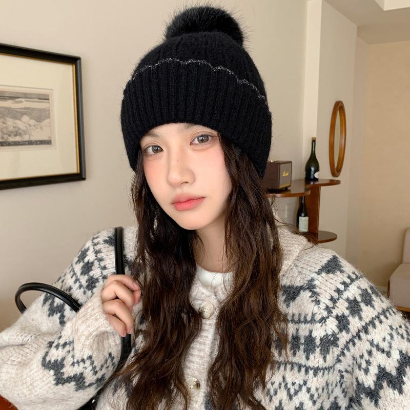 New Wool Hat Women's Autumn and Winter Warm and Cold Ear Protection Hat Fleece Thickened Hairball Knitted Hat