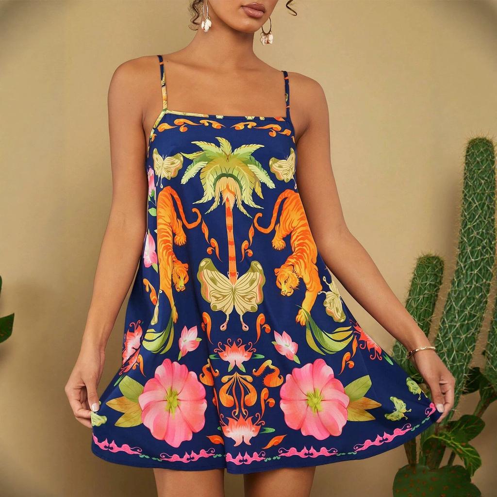 European, American summer bohemian style positioning printing sleeveless suspender short dress women