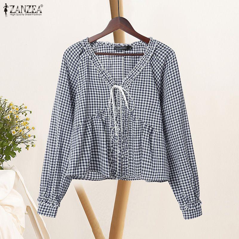 ZANZEA Women Casual V-Neck Plaid Print Loose Long Sleeve Blouse