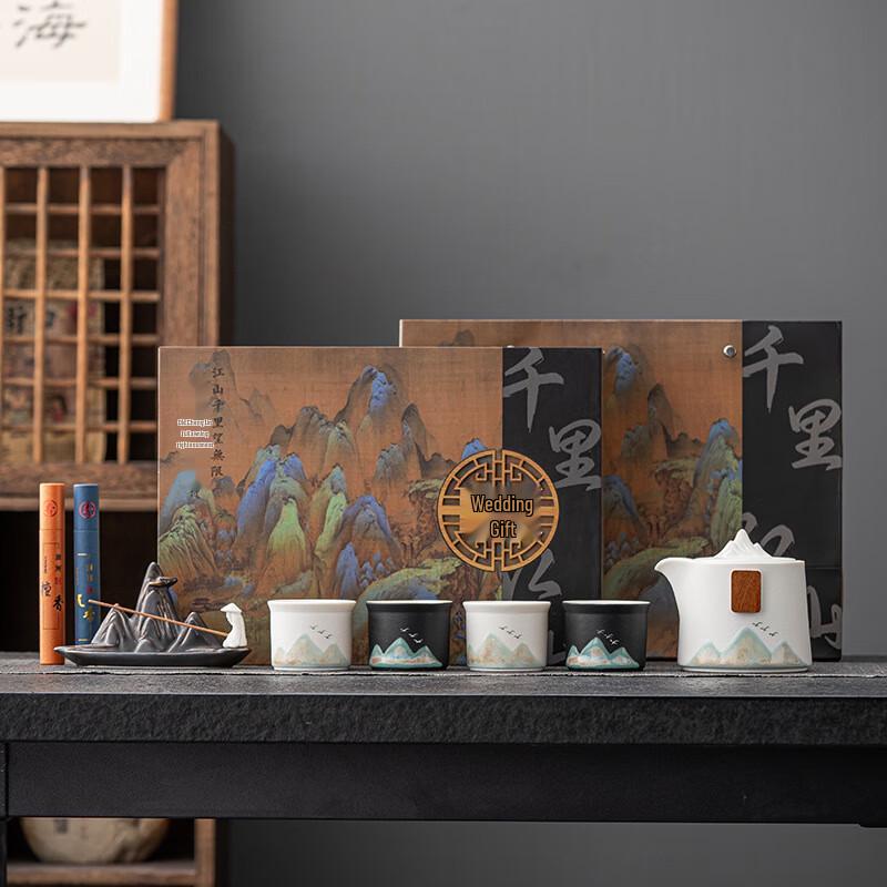 Thousand Li Rivers and Mountains Ceramic Tea Set Gift with Incense Tray