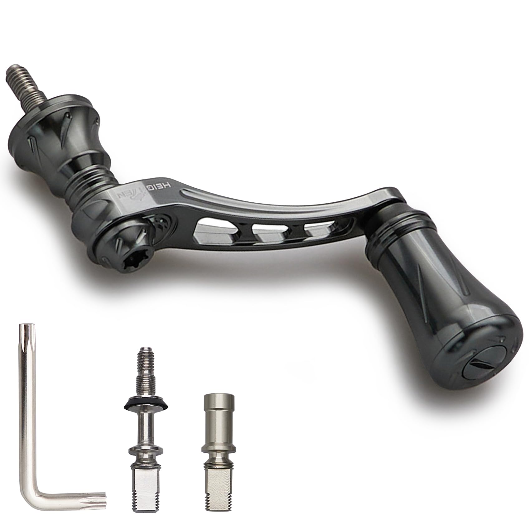 

HEIGHTEN Variable Reel Handle with 19mm Aluminum Knob for Daiwa and Universal Spinning Reels Arch Series Gray 45-50mm Shimano, (Dark