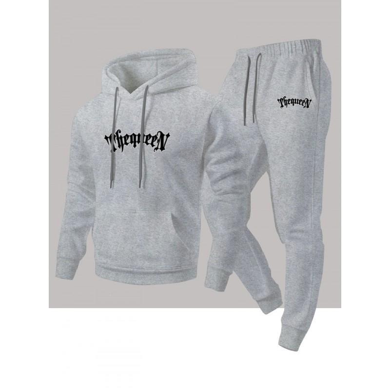 Mens Fashion Casual 2-Piece Set Fleece Graphic Print Hoodie Sweatshirt Pants