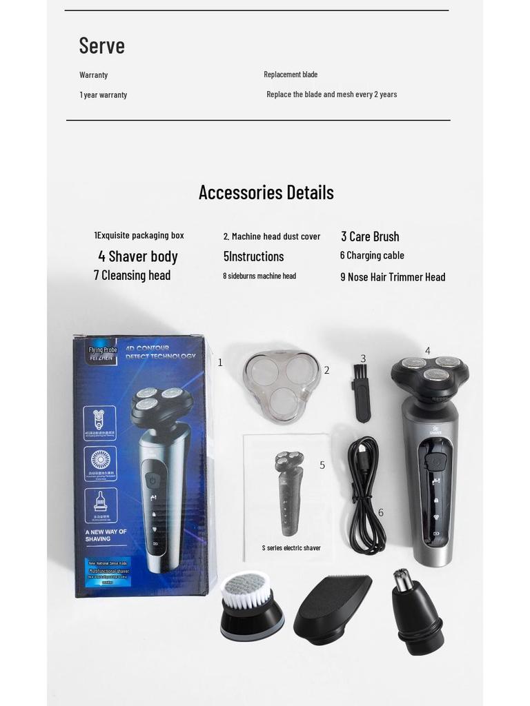 9D Multi-Function Electric Shaver, Full Body Washable, 3-in-1 USB Car Rechargeable Beard Trimmer