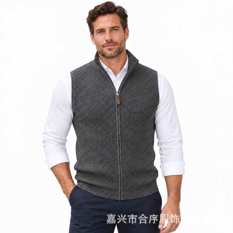 Mens Knit Vest Business Stand Collar Full Zip Slim Fit Sleeveless Sweater Winter