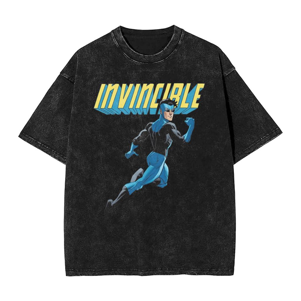 Vintage Washed Oversized TShirt InvincibleSuperhero Print Cotton Casual Short Sleeve Retro Streetwear Tee for Men Women