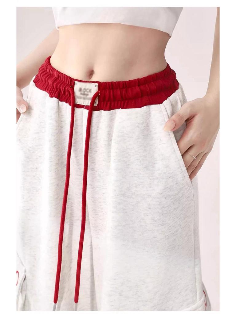 Women's Wide-Leg Cargo Jazz Sweatpants with Pockets - White & Gray, Autumn 2025