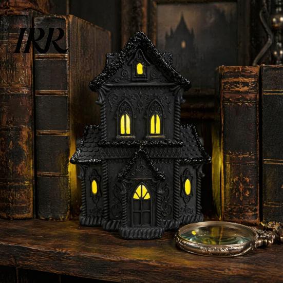 Gothic Home Decor Accessories Lighted Halloween Village House Statue with LED Light, Black Spooky Figurine for Tabletop Holiday Inspired Interior