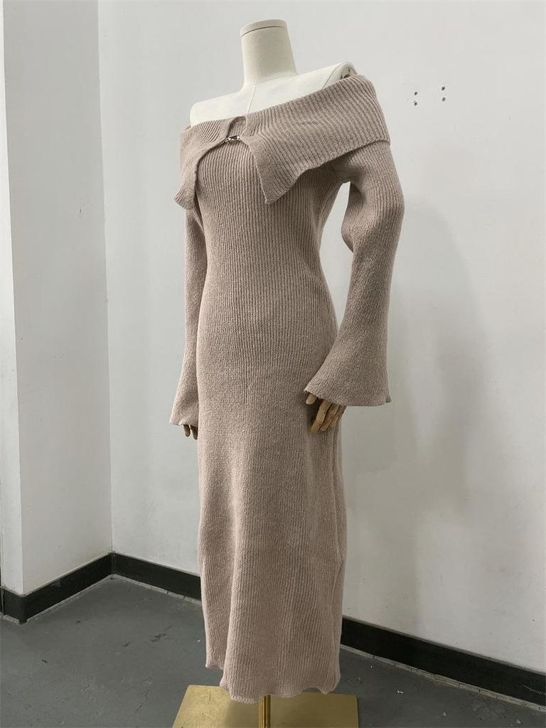 Women's Elegant Off-the-Shoulder Knit Dress with Lapel - European & American Style 2026