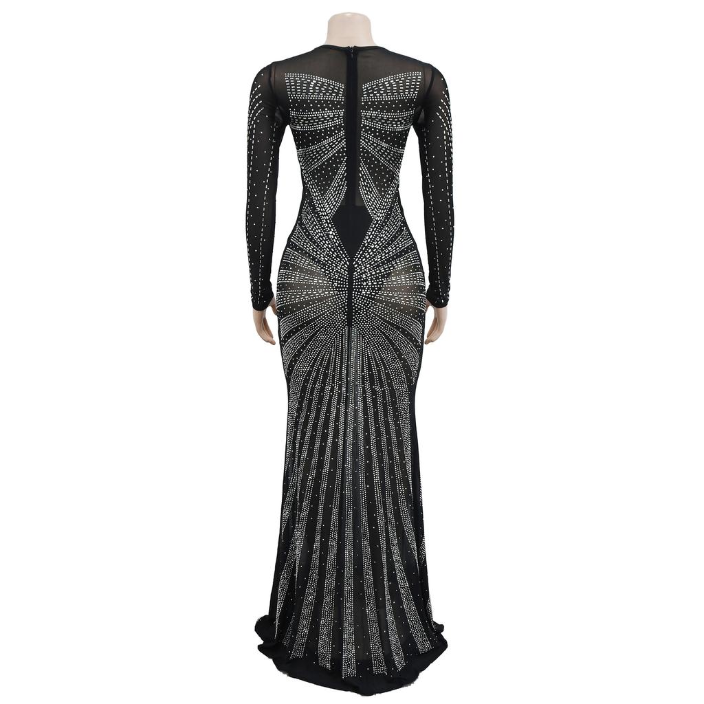 Vestido de noche Vestido largo de manga larga con diamantes de imitación transparentes de malla de color sólido para mujer a la moda