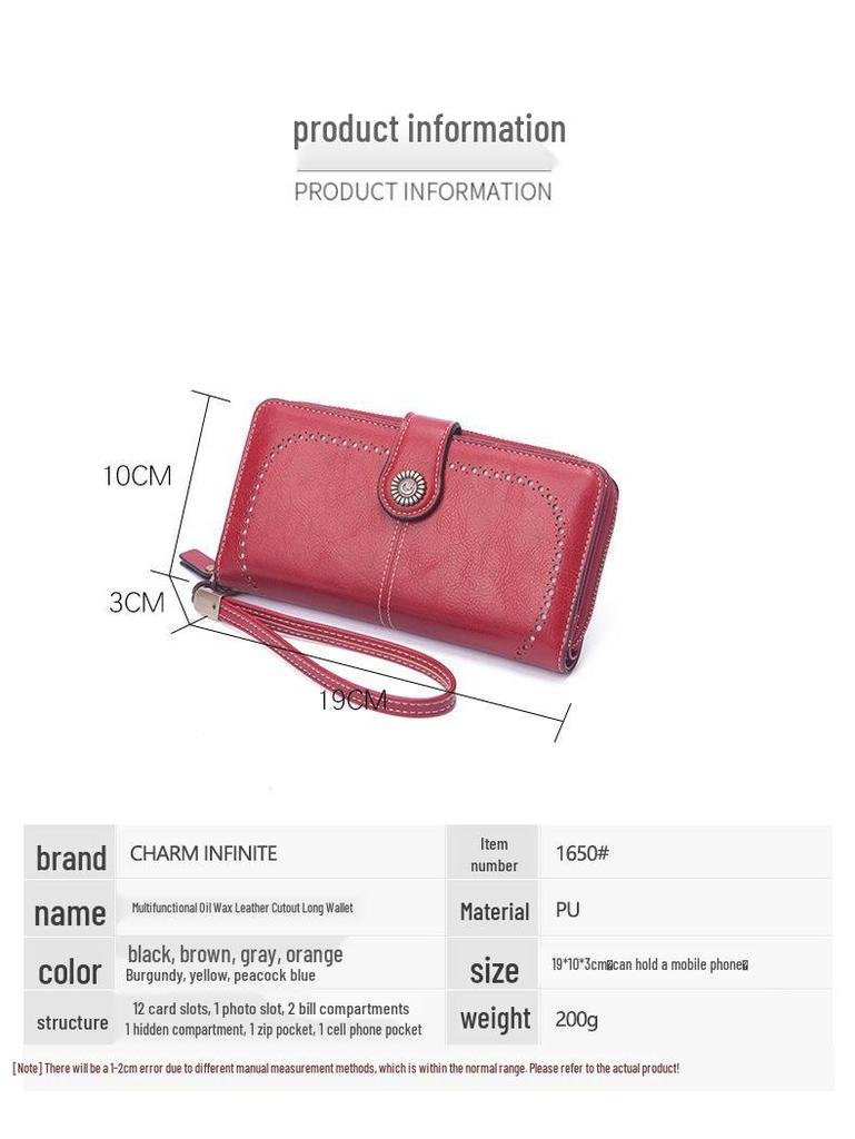 Women's Retro Oil Wax Leather Long Wallet - Hollowed-out Design, Multi-functional, Large Capacity Phone Bag