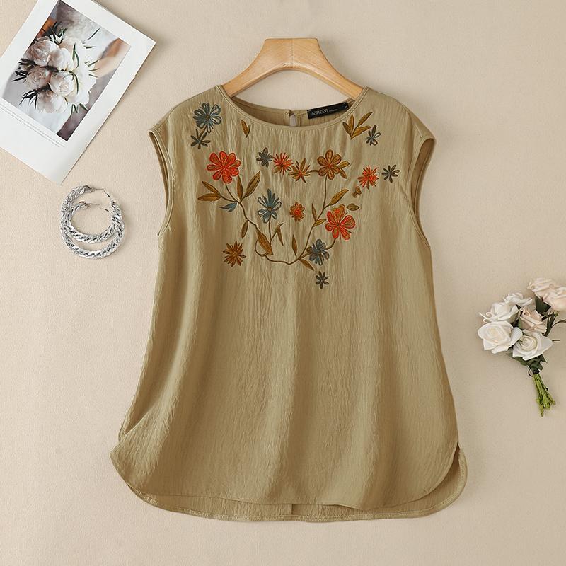 ZANZEA Women Casual Round Neck Floral Print Loose Sleeveless Tank Tops