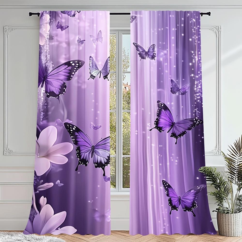 Set Of 2 Violet Butterfly Dance Curtains Purple Floral Semi Transparent Bedroom Office Living Room Decor Curtain With Rod Pocket Polyester Ideal For