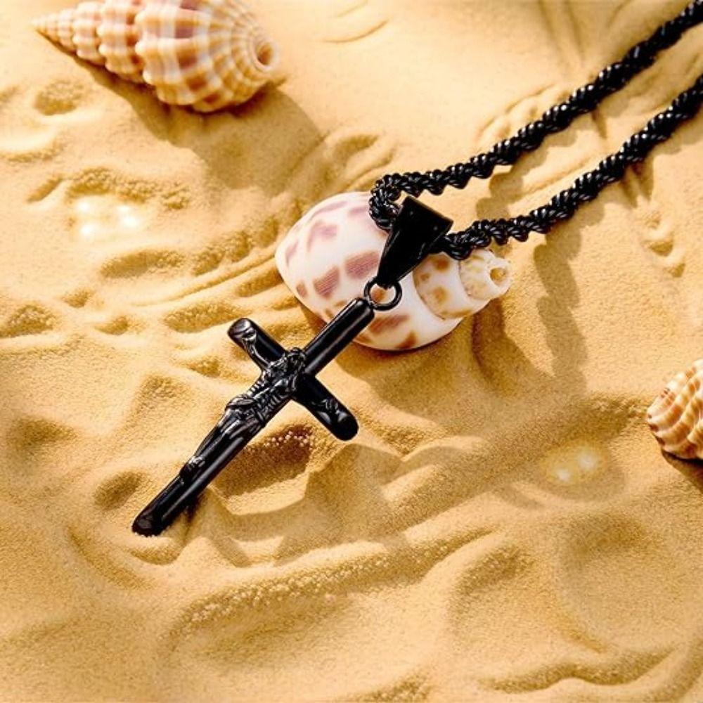 Trendy Stainless Steel Holy Cross Twist Chain Exquisite Crucifix Pendant Hypoallergenic Versatile Rope Chain Easter
