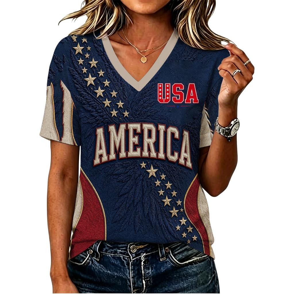Women's Short Sleeve V-Neck T-Shirt with USA Letter Print