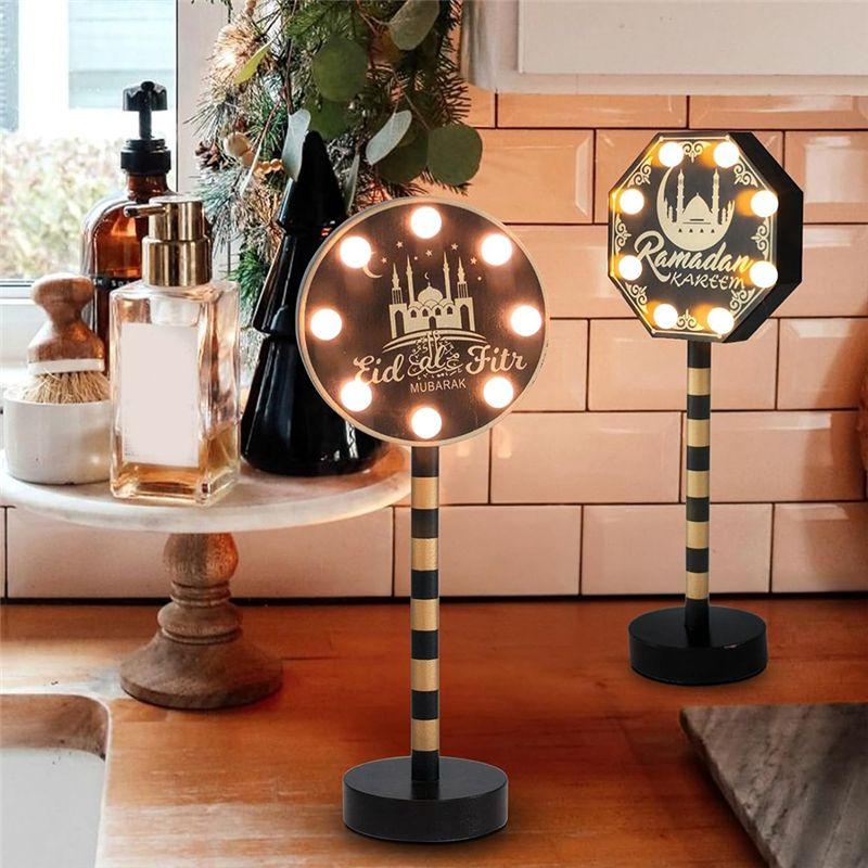 AEE4-2 Pack Ramadan Decorations For Home, Wooden Ramadan Mubarak Table Centerpiece Lights, Eid Mubarak Crafts Night Light