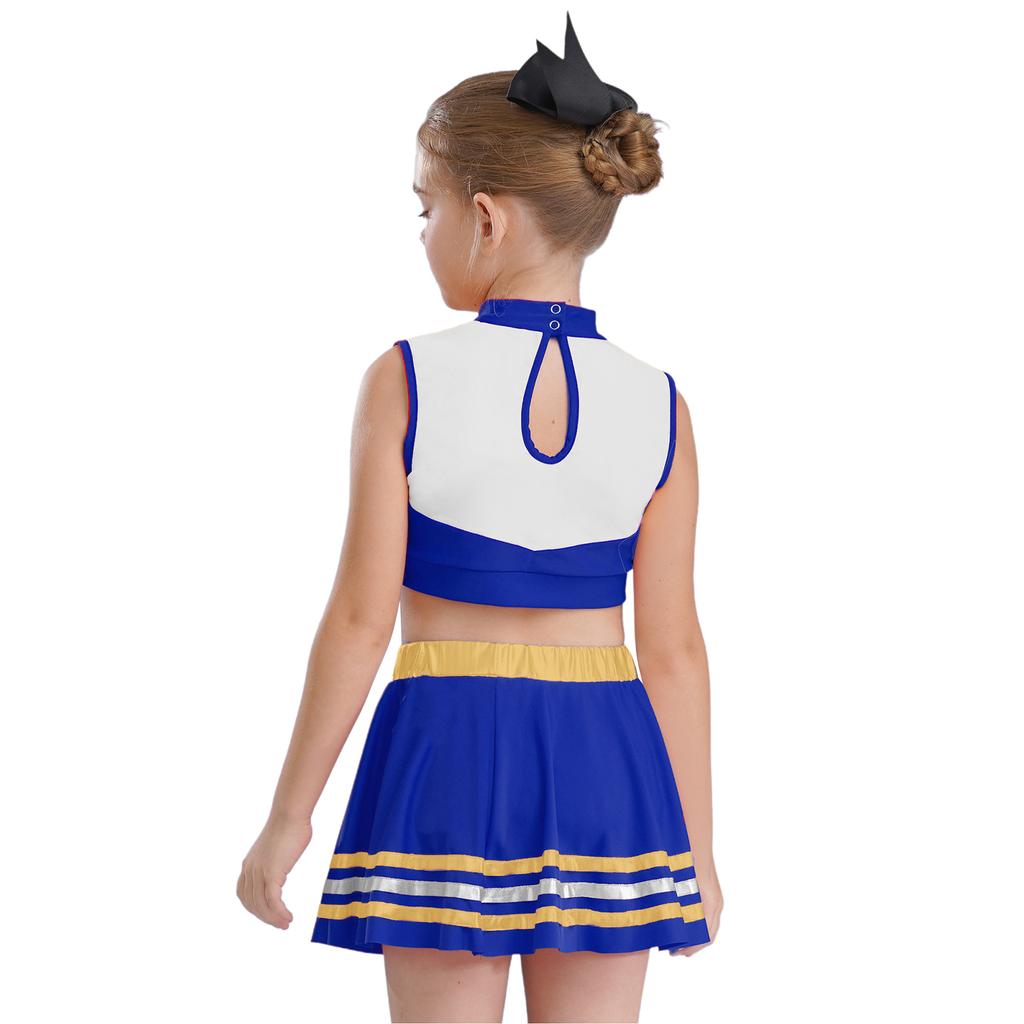 Dziewczęcy crop top bez rękawów z golfem i nadrukiem liter, elastyczny pas, spódnica w paski, zestaw do cheerleadingu i tańca