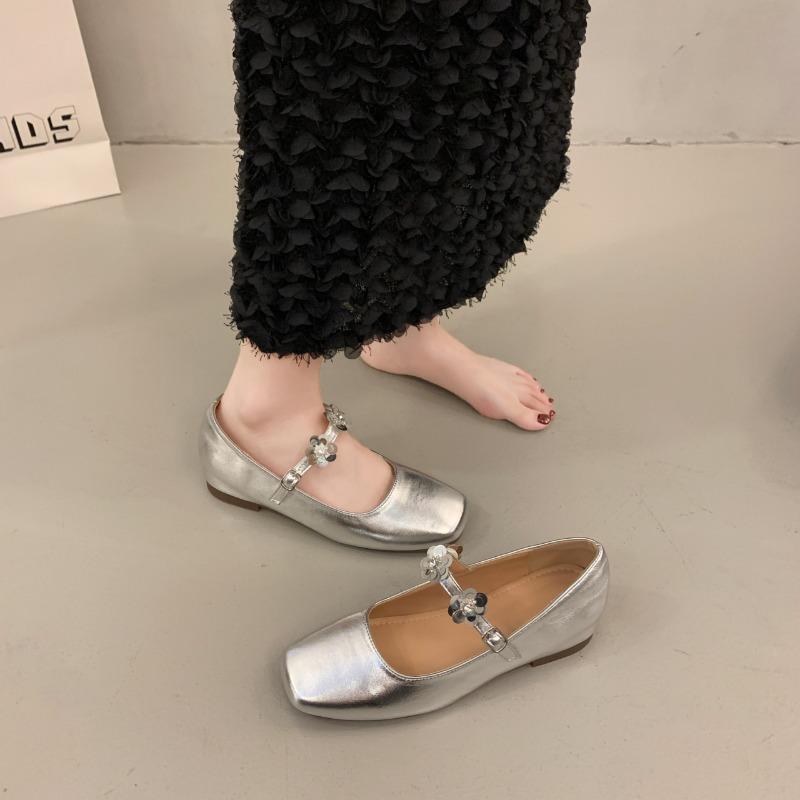 Niche square head sequined buckle Mary Jane shoes women's new silver with skirt flat shoes