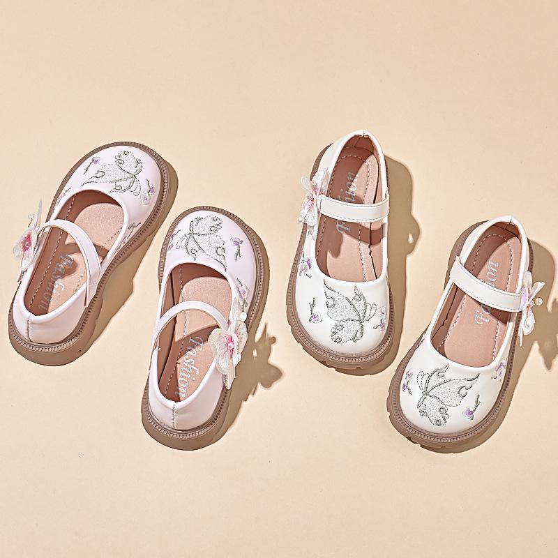 Bestickte Hanfu Leder-Ballerinas für Mädchen mit Klettverschluss für Herbst 2025 - Prinzessinnen-Stil für mittlere und große Kinder