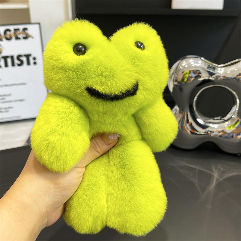 Plush Real Rex Rabbit Fur Keychain Cute Frog Toy Kids Schoolbag Pendant Women Car Key Charm Trinkets Jewelry Ring Ornaments GifT
