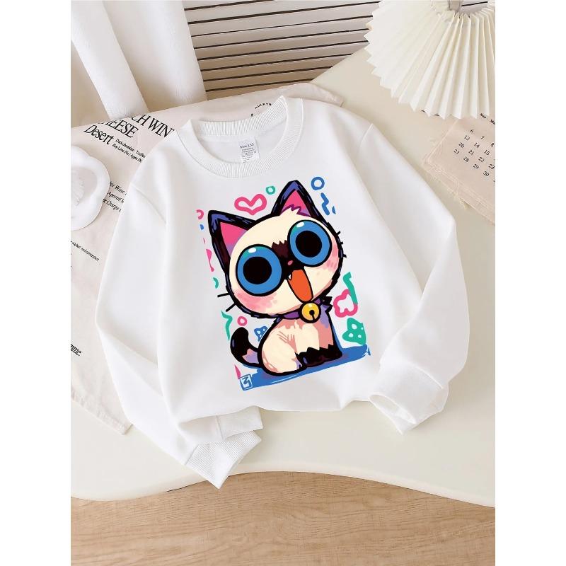 Unisex Crewneck Sweatshirt - Colorful Cat with Big Eyes And Bell Machine Washable, Spring And Autumn, Sportswear And Casual Wear, Soft And Comfortable