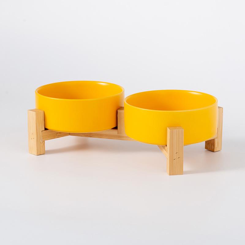 Ceramic Pet Food Bowl with Elevated Bamboo Stand - Anti-Tip Design for Dogs and Cats, Protects Cervical Spine