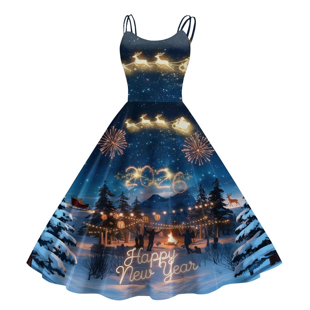 Women's New Year Printed Casual Fashion Round Neck Midi Dress