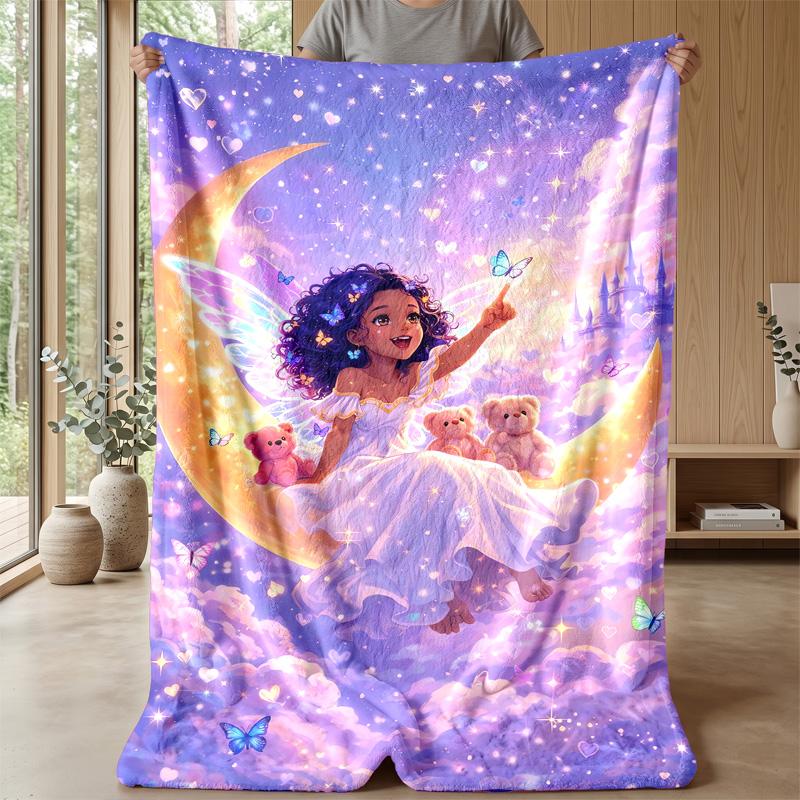 Fairy On Crescent Moon Theme Blanket Lightweight Warm Flannel Blanket Decorative Throw Blanket for Home Decoration