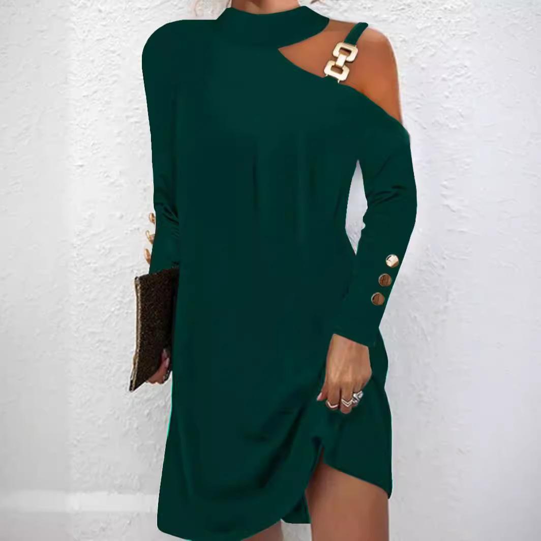 

Black Asymmetrical Shoulder Dress with Metal Buckle and Button Accents 3XL зелений