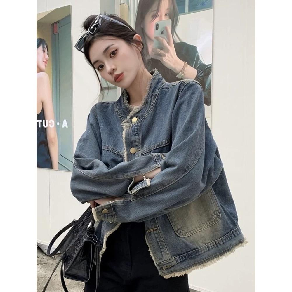 Women's Round Neck Long Sleeve Denim Jacket Loose Fit Vintage Commuter Outerwear Coat