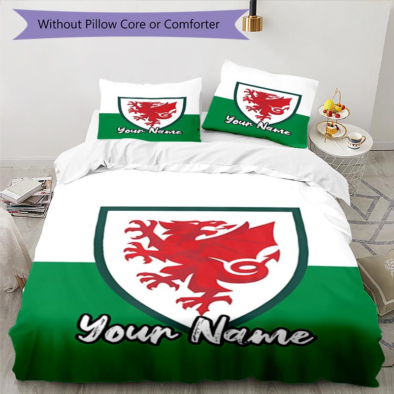 3pcs Custom Name Wales Bedding Set Duvet Cover Closure Includes 1 Duvet Cover & 2 Pillowcases, Soft and Comfortable for All Seasons.