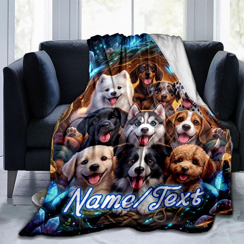 1PC Custom Name Diverse Dogs Fantasy Forest flannel blanket versatile,all-season throw suitable for the living room,bedroom,camping,travel,and gift