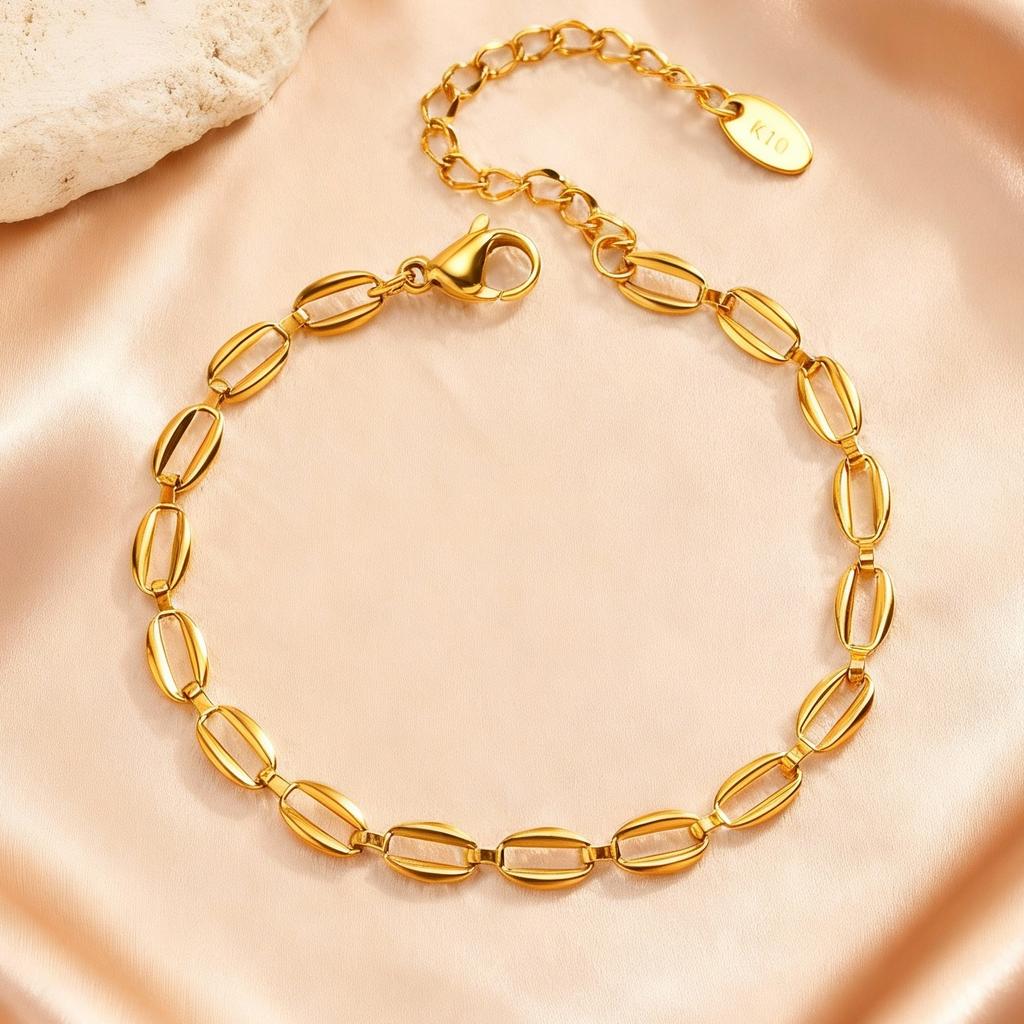 18K Gold Plated Hollow Oval Link Chain Stainless Steel Bracelets for Women, Minimalist Waterproof Elegant Jewelry Set Gifts