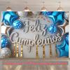 2D Feliz Cumpleaños Banner, Blue Silver Star Balloon Background for Birthday Celebration