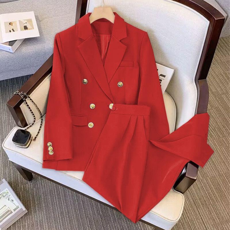 Female Spring/Fall Solid-Color Elegant Suit Set Slimming Blazer + Relaxed-Fit Trousers Two-Piece Set