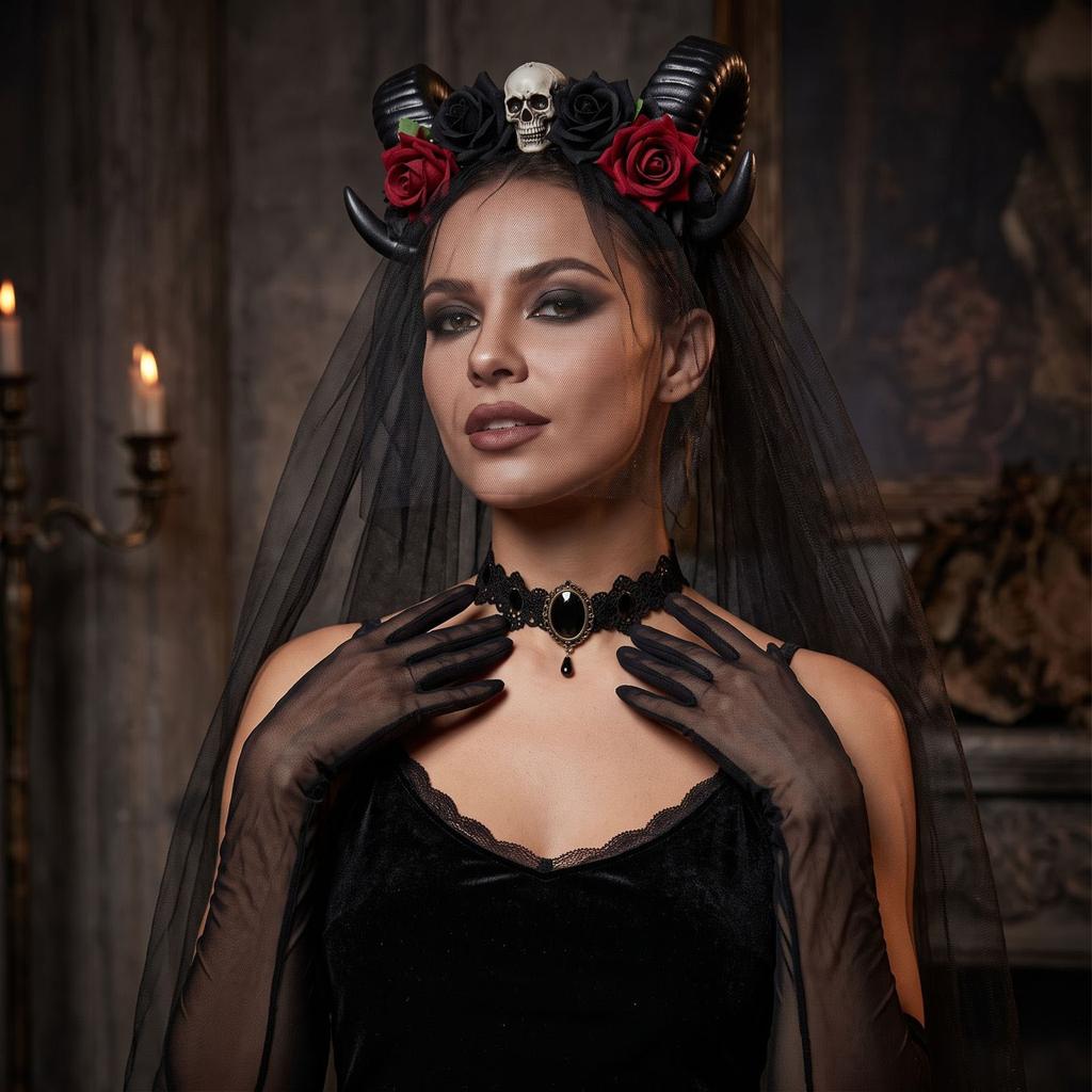 Women's Halloween Gothic Witch Party Costume Set with Rose Headpiece, Headband, Gloves and Necklace