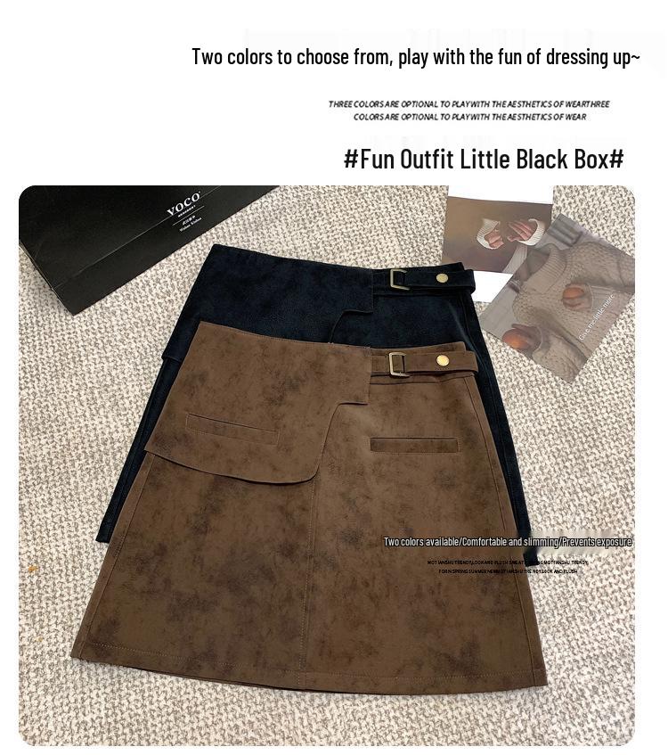 Plus Size Women's Brown Suede A-line High Waist Short Skirt for Spring & Autumn