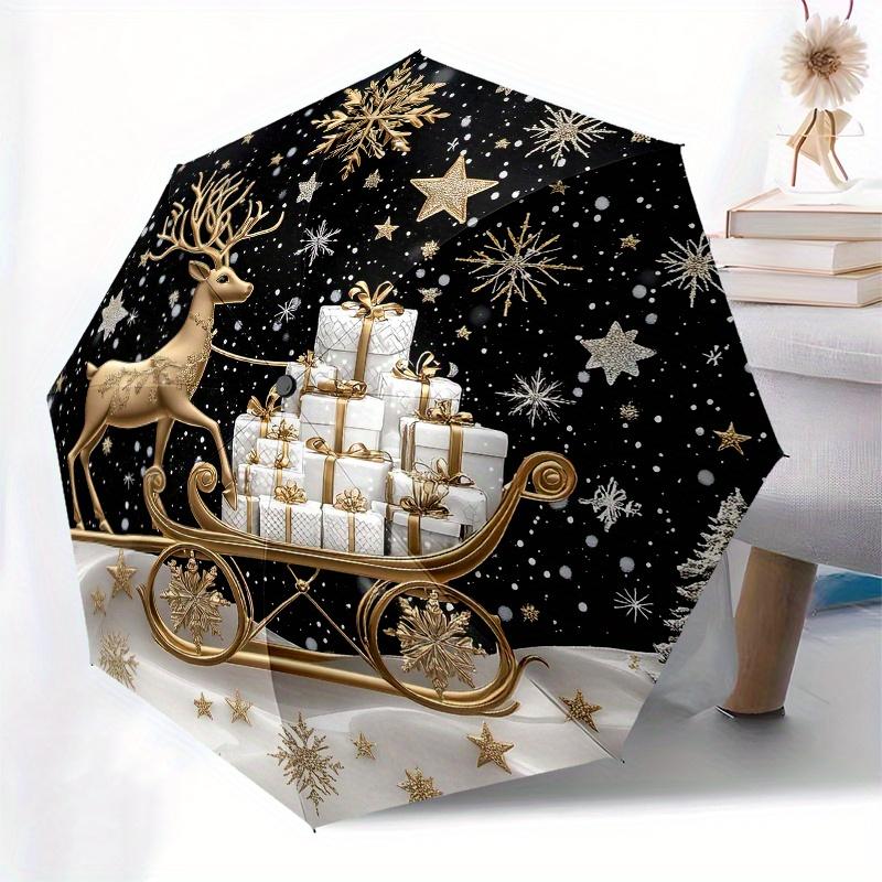 Automatic Open/Close Umbrella - Elegant Golden Deer with Presents Christmas Ornament, Compact 3-Fold Portable Umbrella with 8-