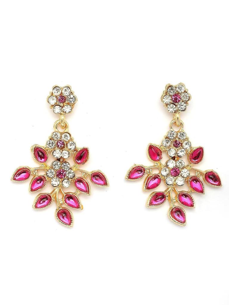 Charming Design Gold Plated AD Stone with Floral & Leaf Shaped Choker Necklace with Dangle Earring Jewellery Set