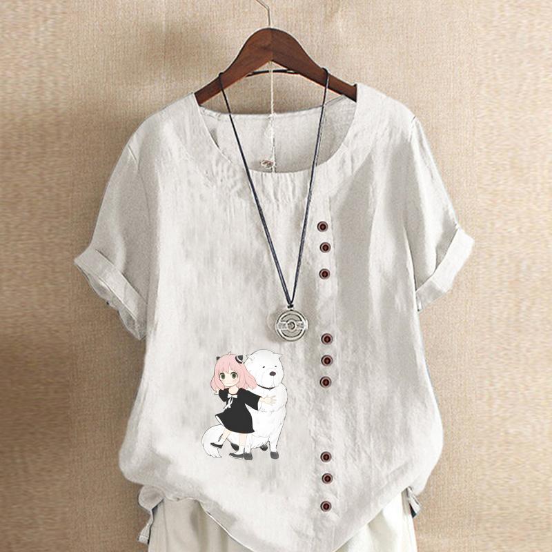 Damenmode Cartoon-Figuren Bedrucktes Kurzarm-T-Shirt Lockeres Baumwollhemd Lässige Lockere Sommerbluse Tops Übergröße