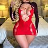 Gradual Change Blue Sexy Fishnet Onesie Pajamas Hip Skirt Long Sleeve Backless Mesh
